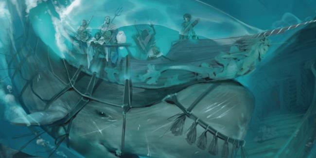 Dungeons and Dragons Spelljammer Whale Ship Tritons Holding Tridents Underwater